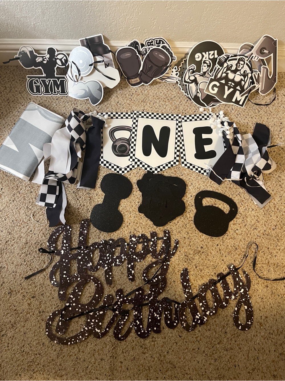 Gym Themed One-Year Birthday Party Banner - Black & White